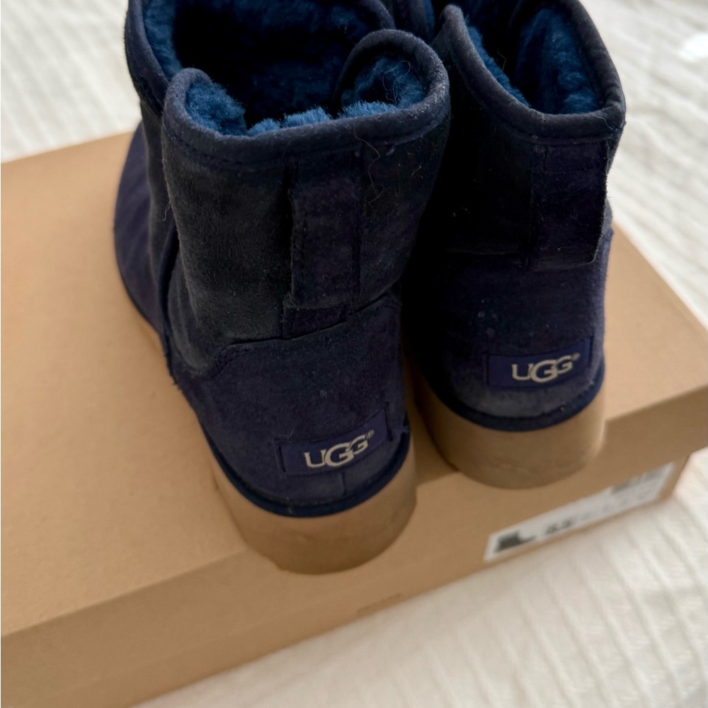 UGG Navy Blue Suede Mini Booties with Gum Sole